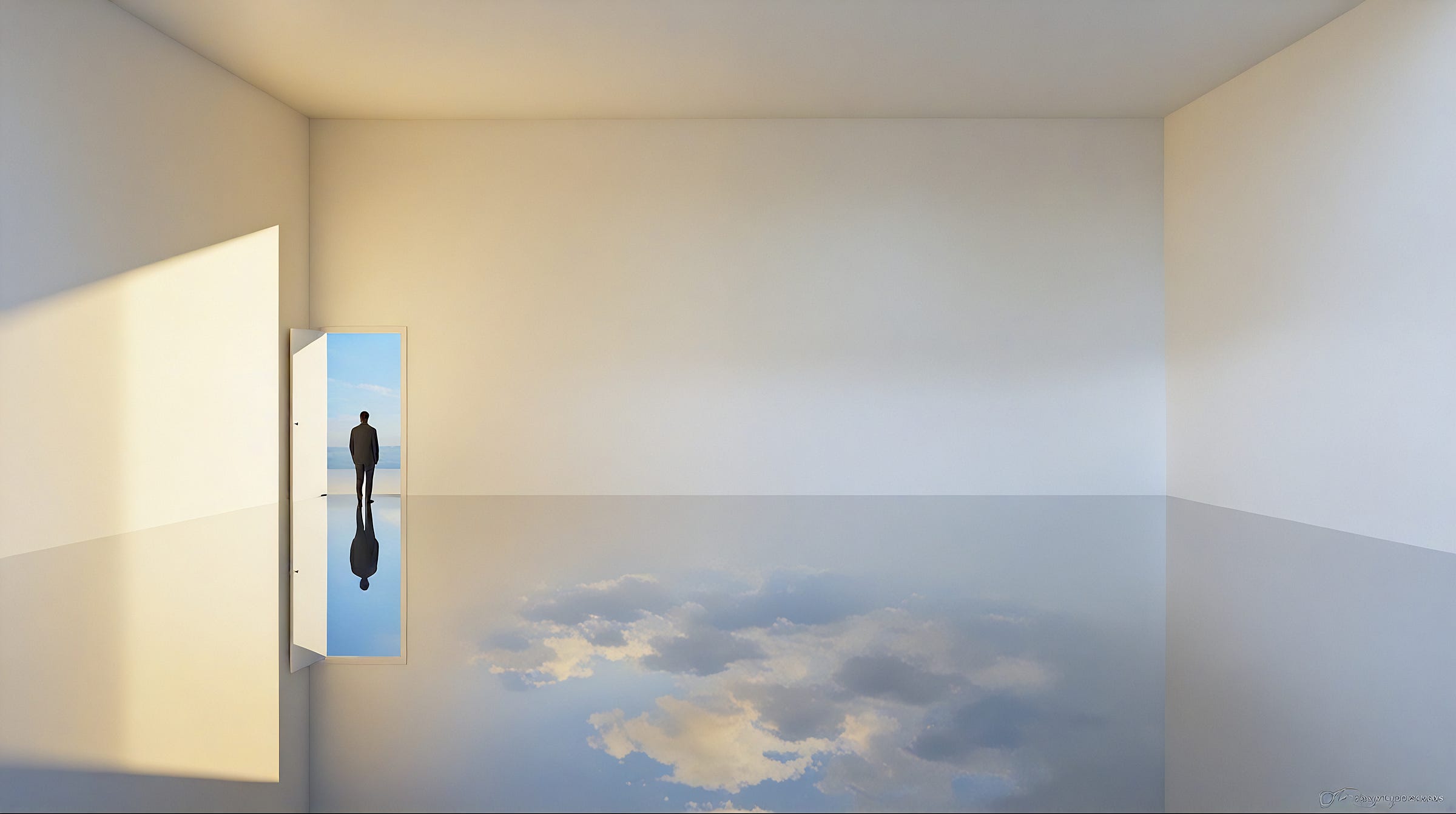 pale room with an open doorway looking onto still water that mirrors the sky, a small distant figure standing at the threshold. pale room with an open doorway looking onto still water that mirrors the sky, a small distant figure standing at the threshold.