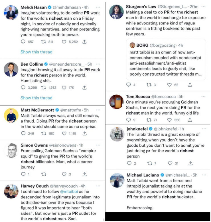 Left-leaning journalists followed a mockingbird script depicting Taibbi as Elon's mouthpiece