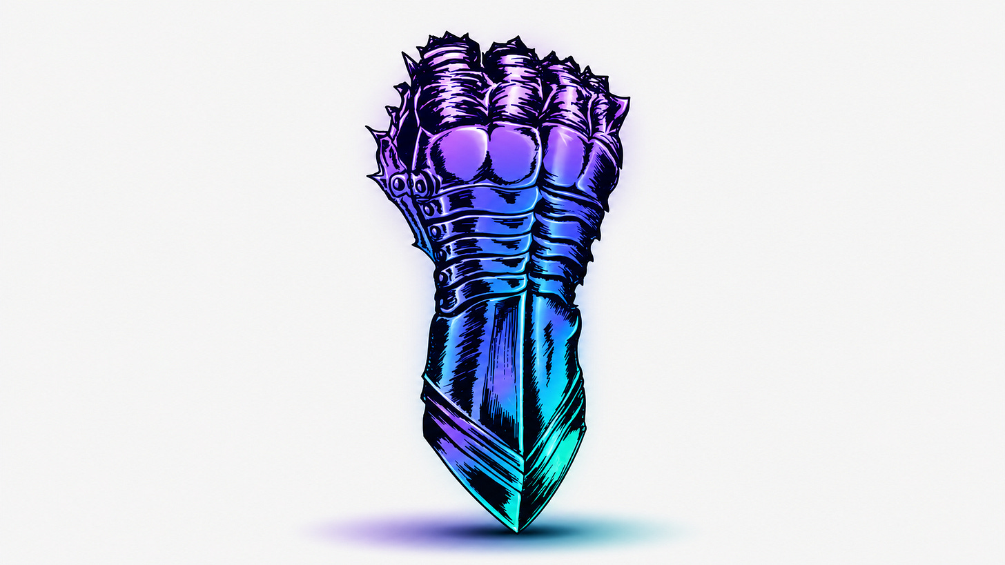 Medieval gauntlet illustration recolored in PolycarpFX electric purple, blue, and teal palette on a clean modern background.
