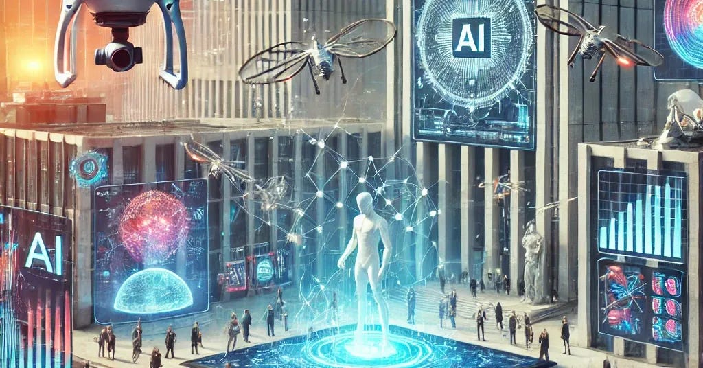 A futuristic government building surrounded by technological innovations, such as AI-powered drones, robotic systems, and advanced biotech labs. The scene depicts government officials interacting with cutting-edge deep tech, with holographic displays showing graphs, AI algorithms, and digital blueprints. The setting should convey a sense of innovation, power, and global impact. The environment is sleek and modern, with vibrant colors symbolizing progress, with a tone of optimism and strategic collaboration.