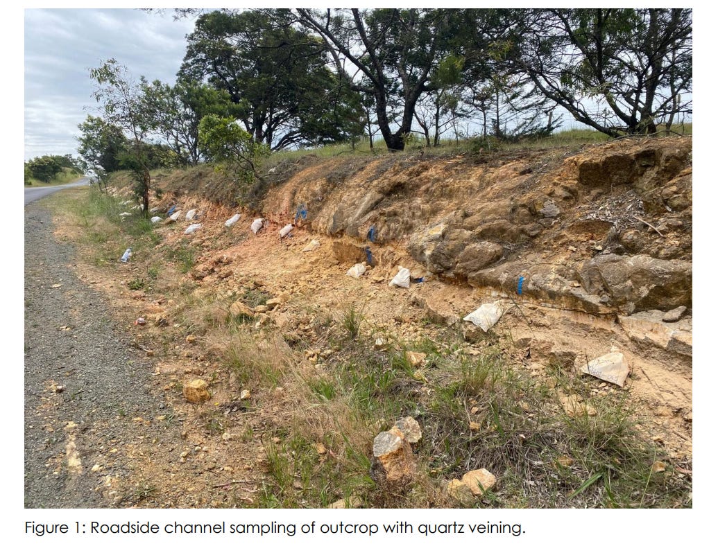 Roadside rock outcrop with visible quartz veining and marked channel sampling points along a shallow roadside cutting