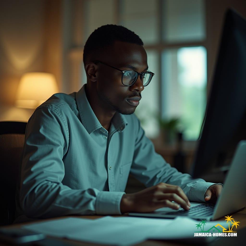 Jamaican data analyst, focused on computer screens, in a dimly lit room, cinematic film still Jamaican data analyst, focused on computer screens, in a dimly lit room, cinematic film still