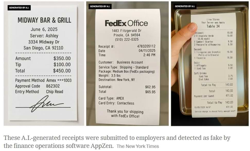 Collage of three AI-generated receipts flagged as fake, including one from Midway Bar & Grill, a FedEx Office shipping invoice, and a restaurant bill from Table 34. These fake receipts were created using AI and submitted for reimbursement, then detected by the finance auditing software AppZen, as reported by The New York Times.