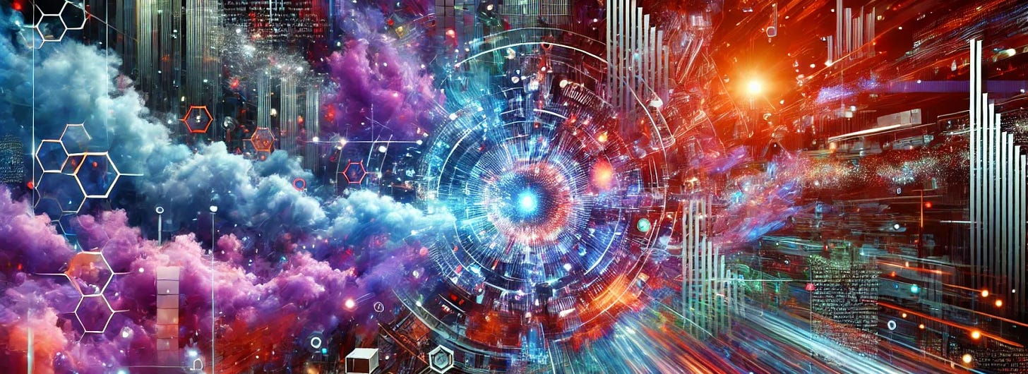 A futuristic and artistic illustration representing AI-powered video and image generation with a new color scheme. The image features an explosion of abstract visuals, AI creatively synthesizing media from text and images, and colorful data streams blending together. The background is rich with deep purple, fiery red, and neon blue hues, creating a unique and engaging aesthetic. The style is sleek and dynamic, avoiding any text elements.