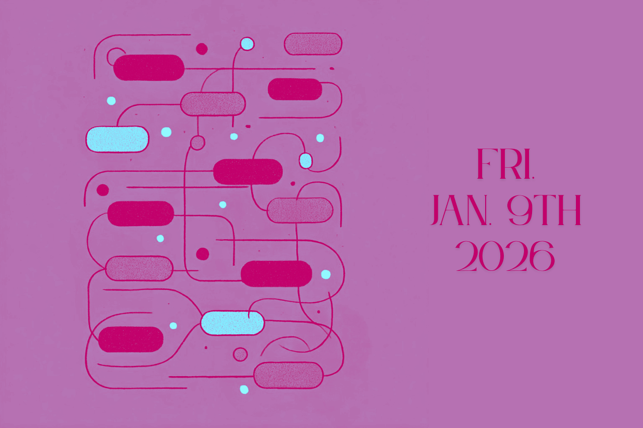 A stylized graphic for the "In Other Words" puzzle section, featuring a network of rounded rectangular nodes in various contrasting tones. The shapes are interconnected by a web of thin, swirling lines and small circular accents, mimicking a complex logic map or a connections puzzle. To the right, text reads "FRI. JAN. 9TH 2026.”