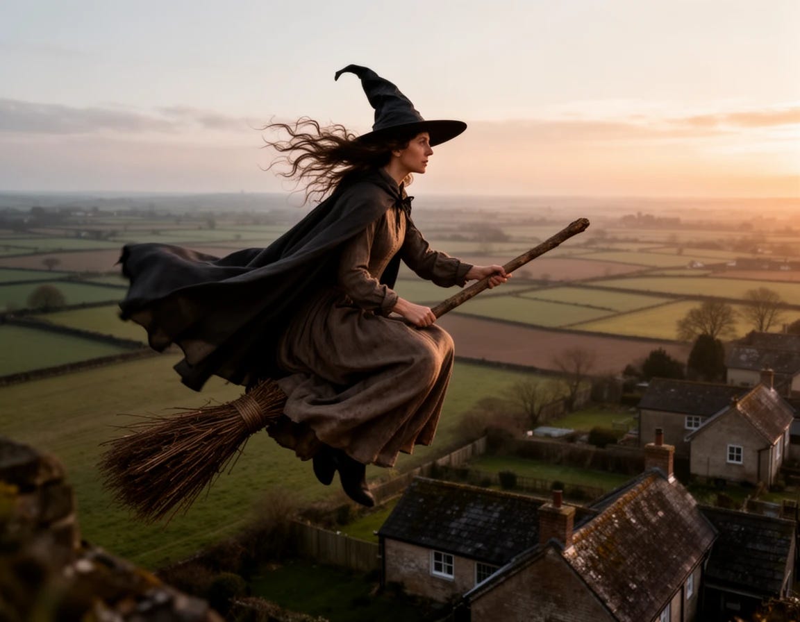 witch riding broom handle on way to housekeeping gig, broomhandle between legs
