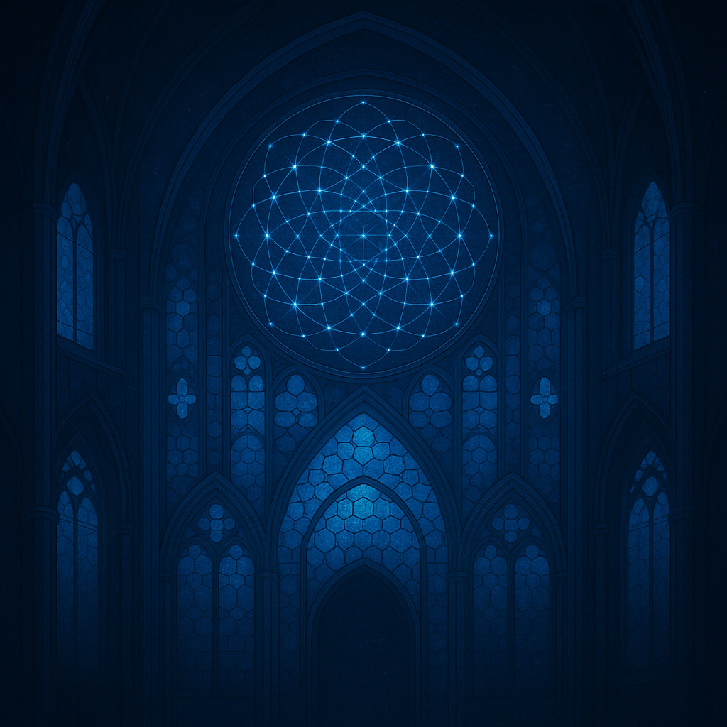 Close view of a cosmic stained-glass rose window framed by Gothic arches; hex tiles hint at a quantum lattice pattern.