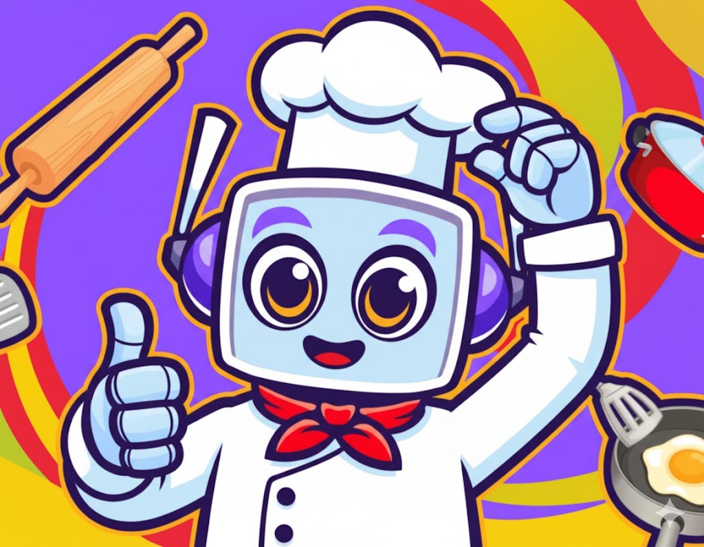 A friendly, cartoon-style robot chef, Neuralbuddy, gives a thumbs-up gesture while adjusting their white chef's hat, smiling brightly against a vibrant purple and yellow background.