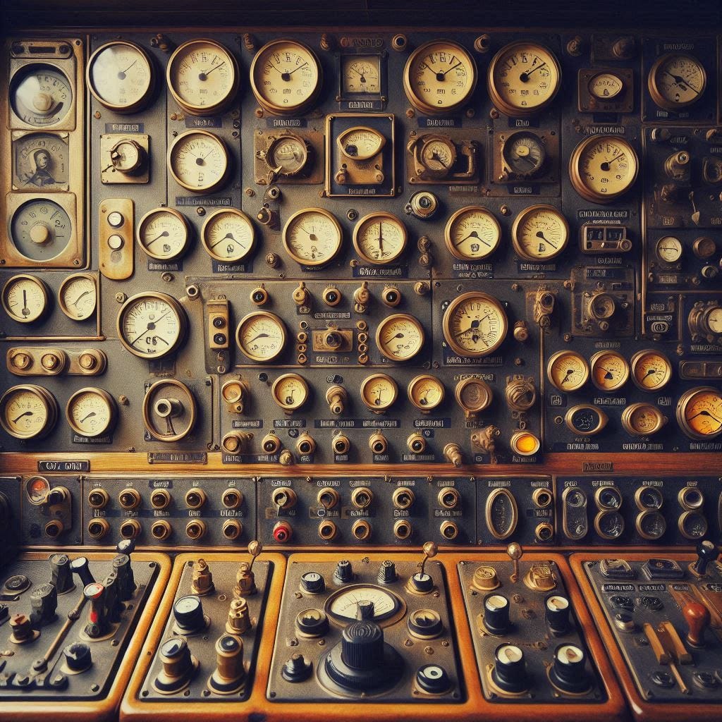 A vintage control panel with loads of dials and gauges