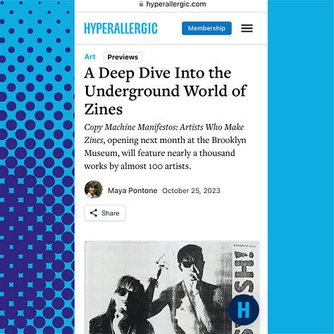 phone screenshots of the article from Hyperallergic