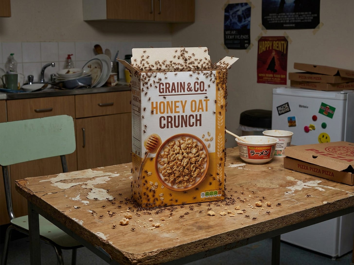 In a dirty kitchen, spiders erupt from an opened cereal box on the table. In a dirty kitchen, spiders erupt from an opened cereal box on the table.