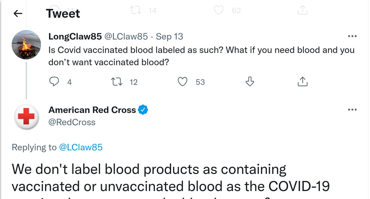 The American Red Cross: "We Don’t Label Blood Products As Containing Vaccinated or Unvaccinated Blood As the COVID-19 Vaccine Does Not Enter the Bloodstream"
