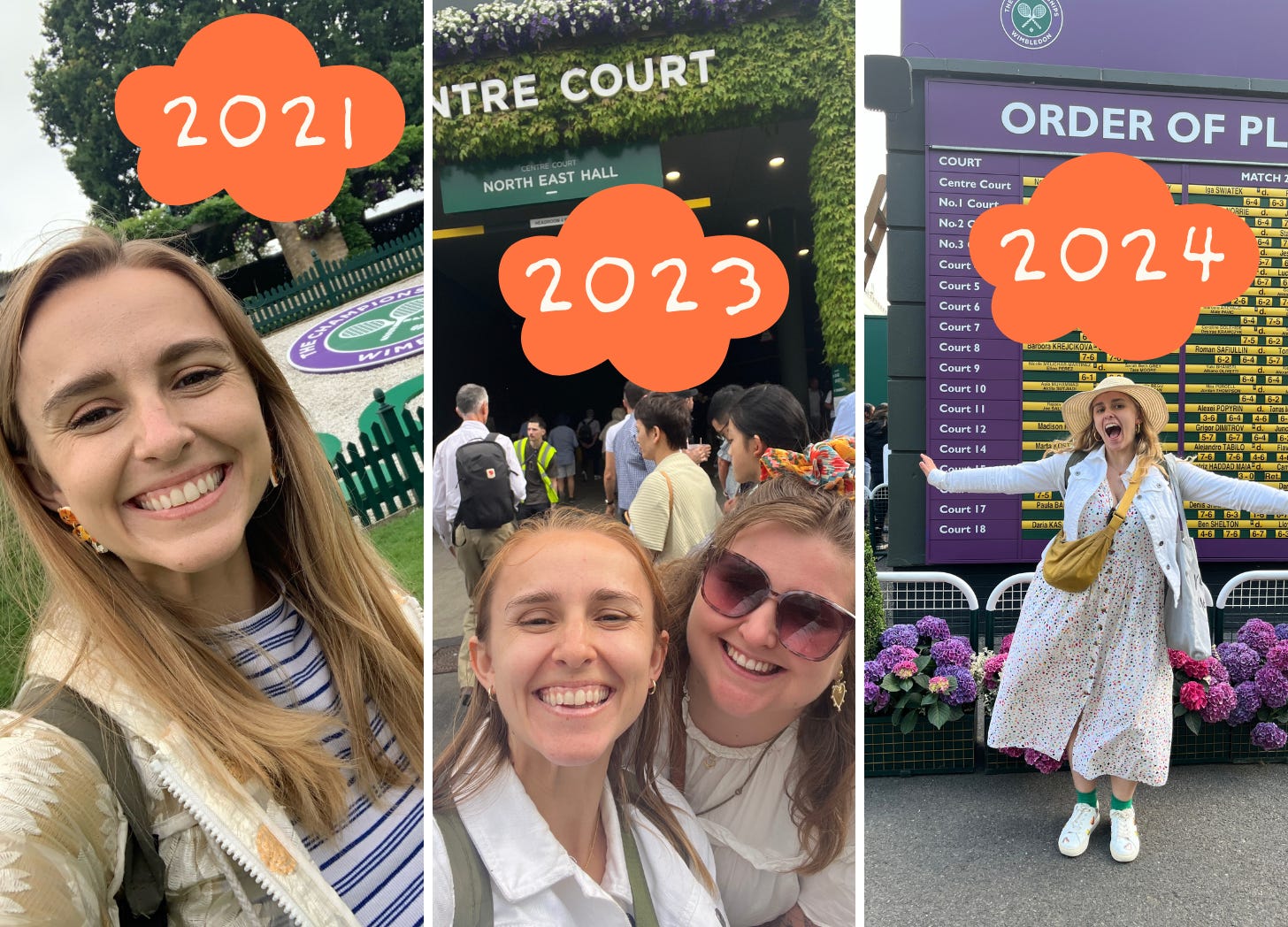 Hannah at Wimbledon 3 times: a selfie in 2021, with Rosianna in front of Centre Court in 2023, and in front of a scoreboard in 2024