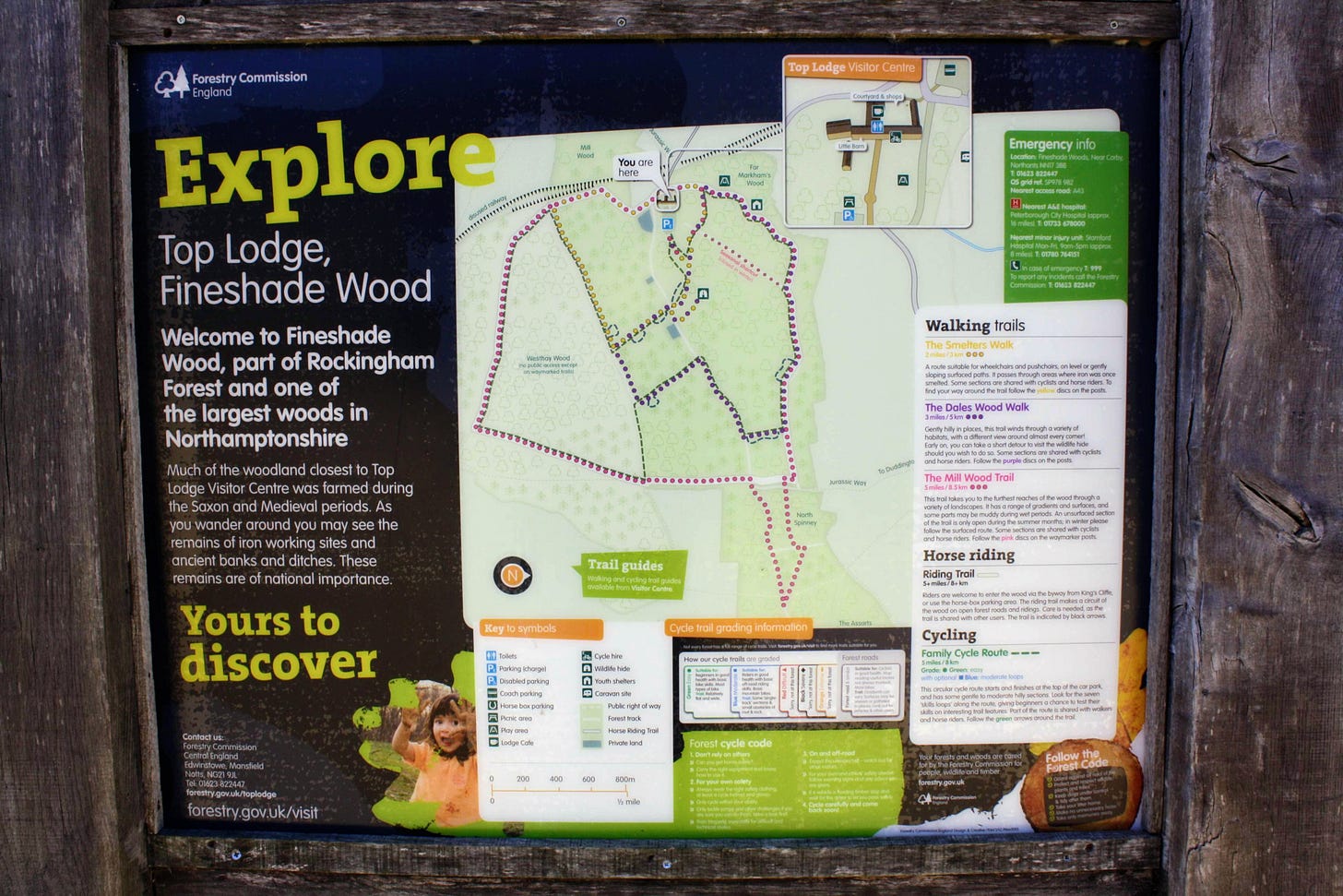 Interpretation board at Top Lodge, Fineshade Wood in Northamptonshire, showing walking routes