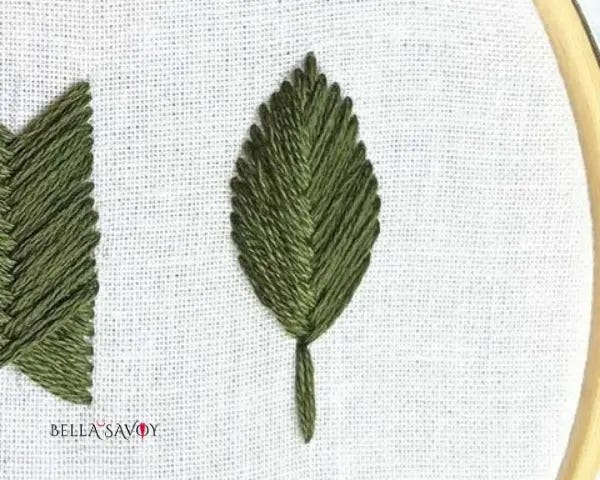 leaf embroidery created with a fishbone stitch in green