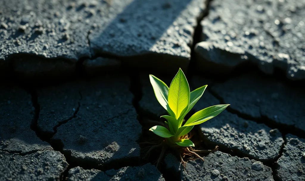 Green plant breaking through cracked concrete representing breaking free from toxic family foundation