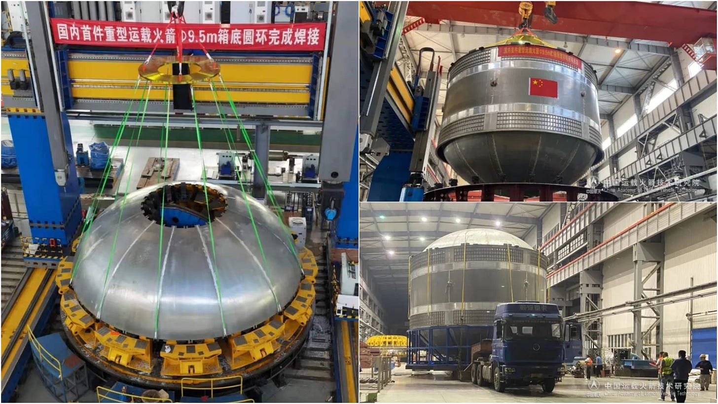 A production demonstration dome (left) and a complete test propellant tank (right) for a 9.5-meter-wide section of the Long March 9 launch vehicle.