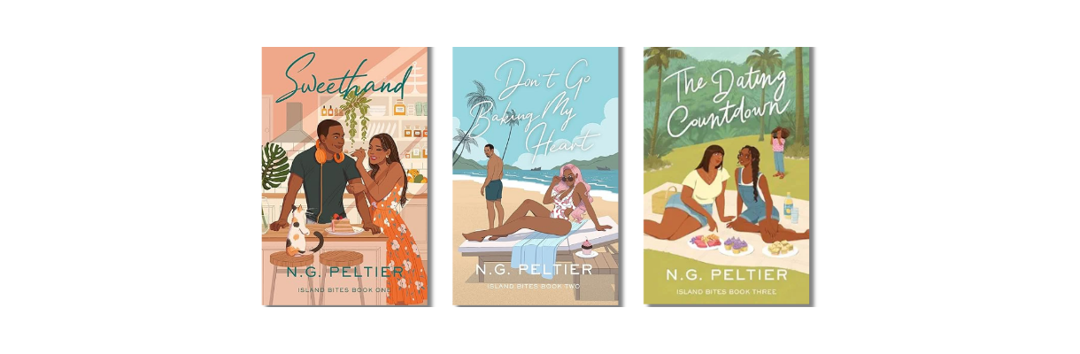Island Bites series by Trinidadian author N.G. Peltier: Sweethand (rivals to lovers), Don't Go Baking My Heart (friends to lovers baking competition), and The Dating Countdown (sapphic friends with benefits romance). Island Bites series by Trinidadian author N.G. Peltier: Sweethand (rivals to lovers), Don't Go Baking My Heart (friends to lovers baking competition), and The Dating Countdown (sapphic friends with benefits romance).
