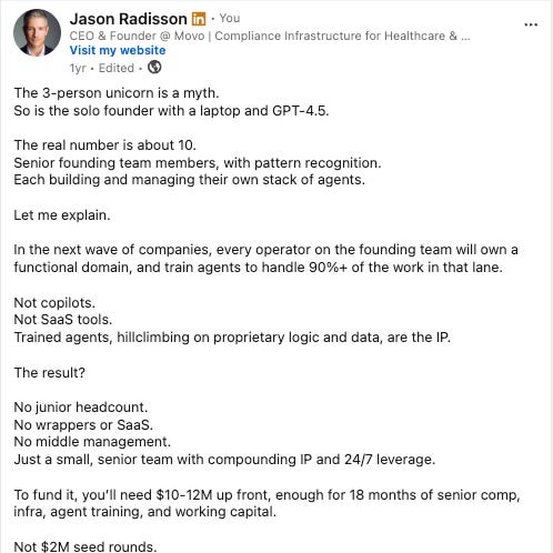 Screenshots of Jason Radisson's April 23, 2025 LinkedIn post on the 10-person agent-native startup replacing the Fortune 500 operating model: 159,697 impressions, 1,589 reactions, 373 comments, 117 reposts.