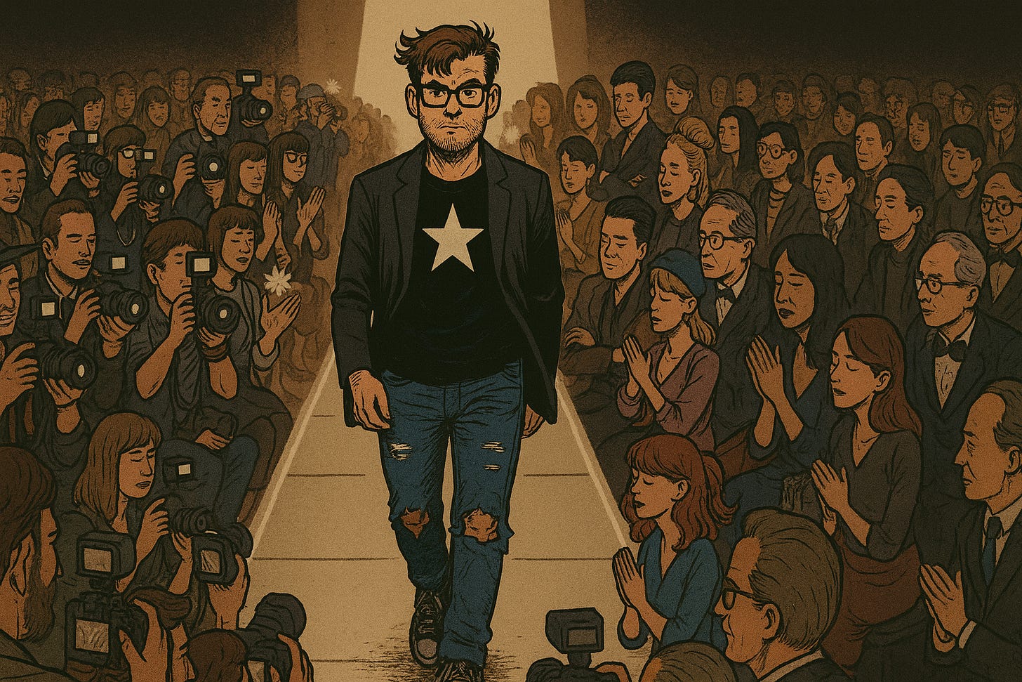 A hand-drawn, comic-style illustration of a male model walking confidently down a fashion runway. He wears a black T-shirt with a white star, a dark blazer, ripped blue jeans, and black Converse sneakers. Photographers on the left snap photos, while an audience on the right applauds and observes, some smiling and others judging. The scene is set under warm runway lighting with a vintage, textured look.