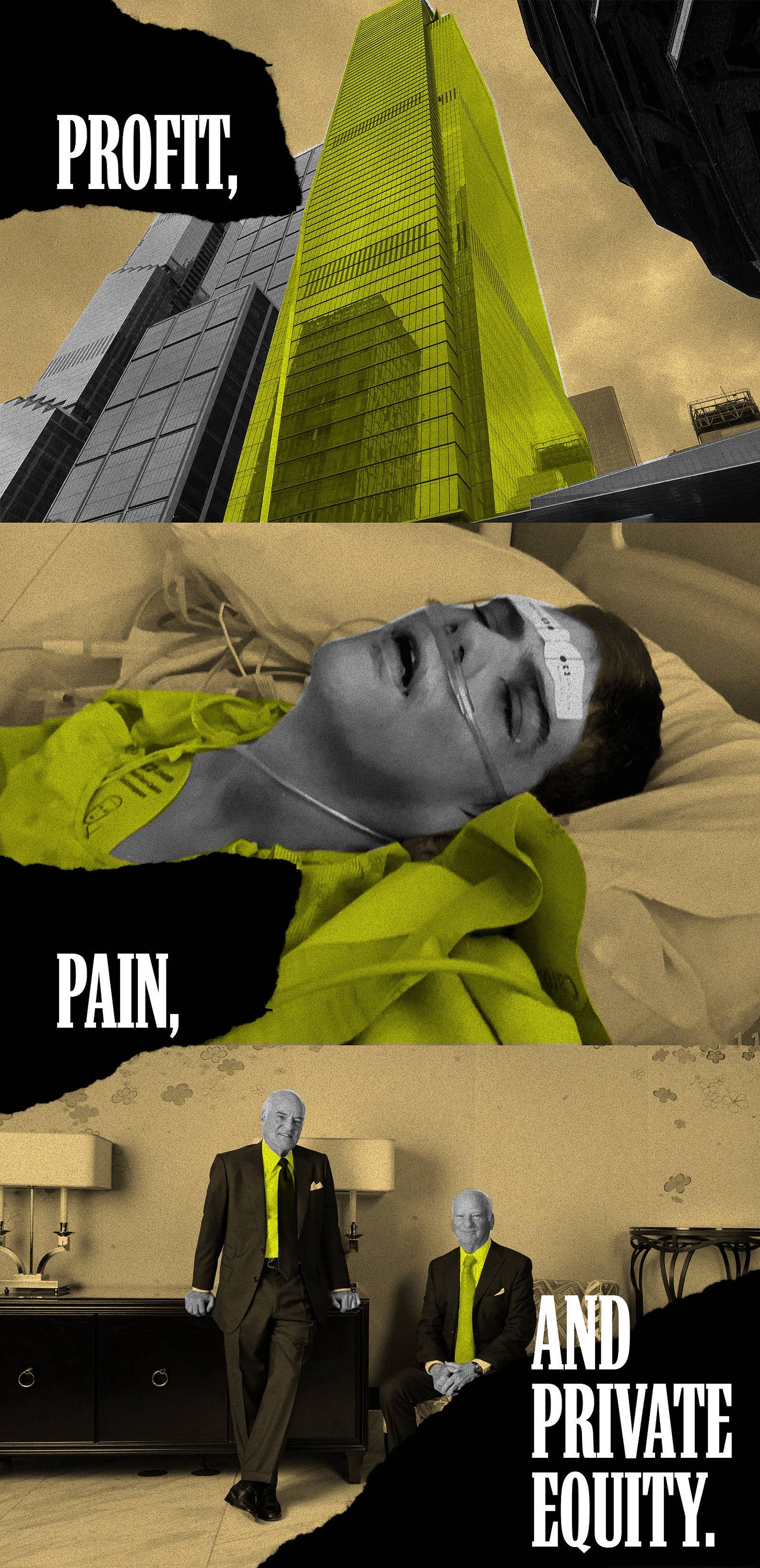 A view of the skyscraper that houses KKR's headquarters; a man in a hospital bed; two white men. Text reads "Profit, Pain, and Private Equity"