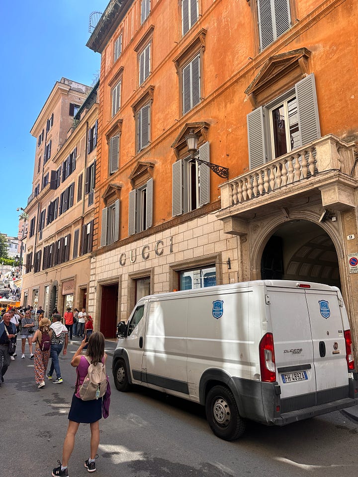 creamy gelato, snapshot of Fiocco Di Neve the gelato shop, Gucci store and the Spanish Steps