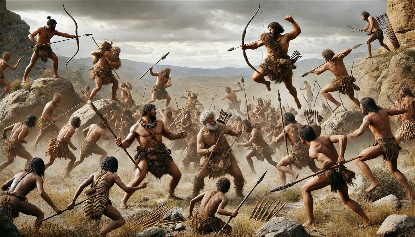 A realistic depiction of a battle between two prehistoric tribes. The scene is set in a wide, rugged landscape with rocky terrain and sparse vegetation. One tribe is equipped with primitive weapons like spears, clubs, and stone axes, while the other tribe uses bows and arrows and slings. The warriors are engaged in fierce combat, with dynamic action poses, some clashing in hand-to-hand combat while others are shooting arrows from a distance. The sky is overcast, adding a dramatic atmosphere to the intense scene.