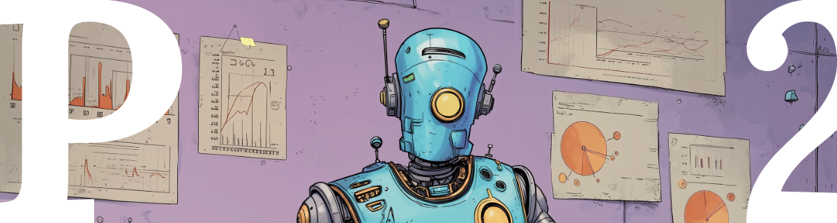 A blue humanoid robot stands against a purple wall covered with charts and graphs, symbolizing AI transparency and data analysis.