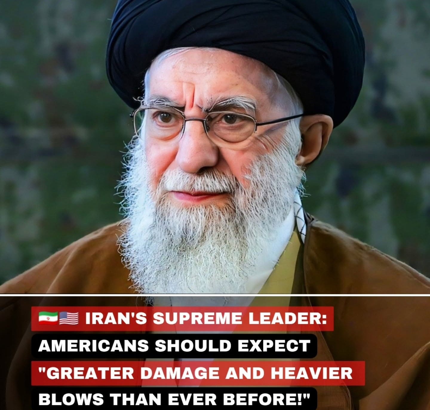 Puede ser una imagen de 1 persona y texto que dice "BricsNews Brics News IRAN'S SUPREME LEADER: AMERICANS SHOULD EXPECT "GREATER DAMAGE AND HEAVIER BLOWS THAN EVER BEFORE!" @brics countries"