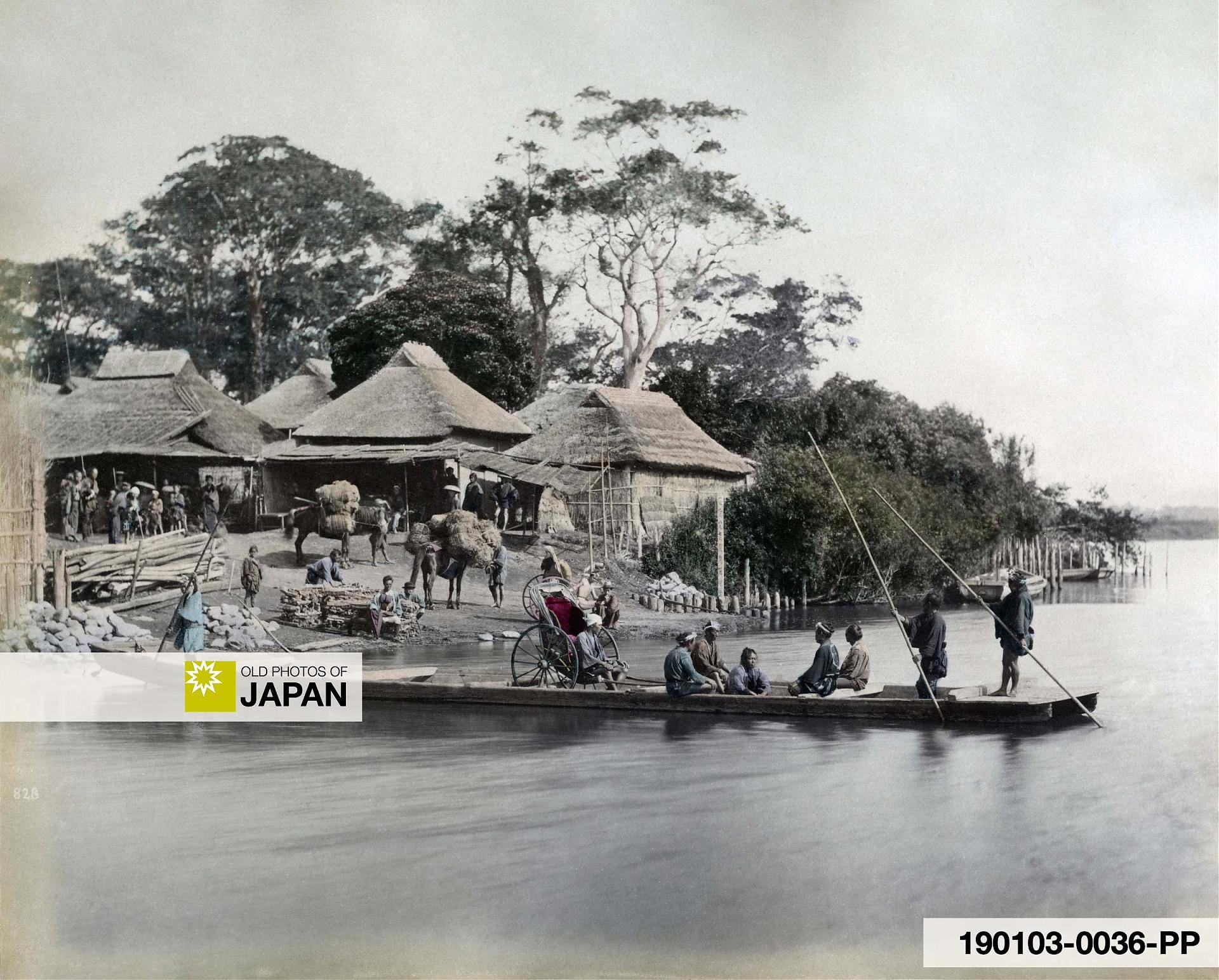 Photo by Felice Beato of the Tokaido ferry across the Rokugogawa River at Kawasaki, 1870s