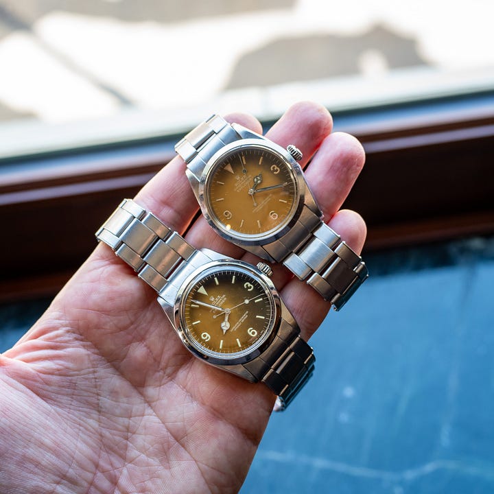 Two tropical Rolex Explorer 1016 watches.