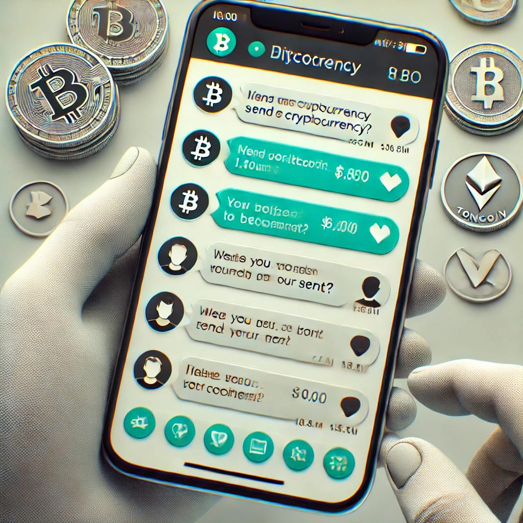 A realistic digital illustration of a text conversation on a smartphone screen between two people, where one person is sending cryptocurrency to the other. The chat shows a friendly exchange with one user confirming the amount of cryptocurrency to be sent and the other acknowledging the receipt. Include icons or symbols representing popular cryptocurrencies such as Bitcoin or Toncoin. The interface should be modern and user-friendly, with clear, legible text. The background of the smartphone can be neutral to keep the focus on the conversation, with realistic details and high resolution.