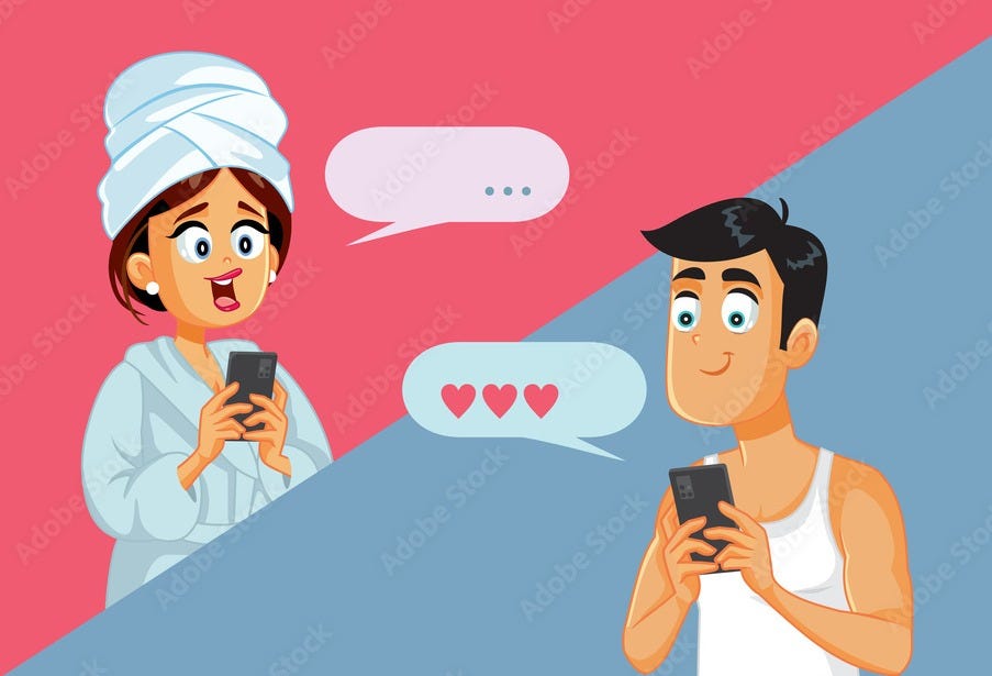 Couple in Long Distance Relationship Text Messaging Vector Cartoon Couple in Long Distance Relationship Text Messaging Vector Cartoon