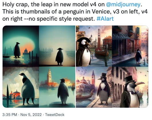 Penguin in Venice, seen by Midjourney v3 and v4