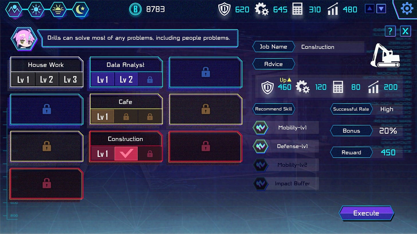 Screen where you pick a job for Aino