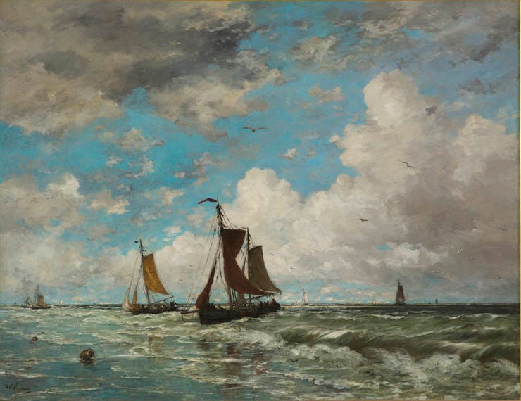'Vissersschepen in de branding' - olieverf op doek: Hendrik Willem Mesdag (herkomst: coll. Museum Jan Cunen) 'Vissersschepen in de branding' - olieverf op doek: Hendrik Willem Mesdag (herkomst: coll. Museum Jan Cunen)