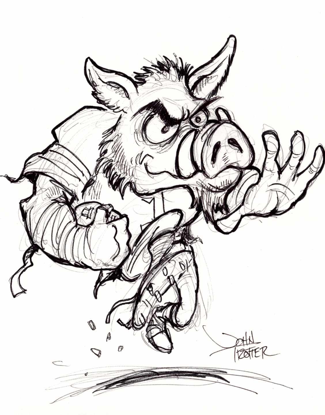 Ink sketch of the Arkansas Razorback mascot running with the football.