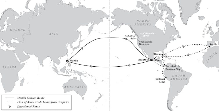 Map of the world with lines from one continent to the next indicating trading routes. Map of the world with lines from one continent to the next indicating trading routes.