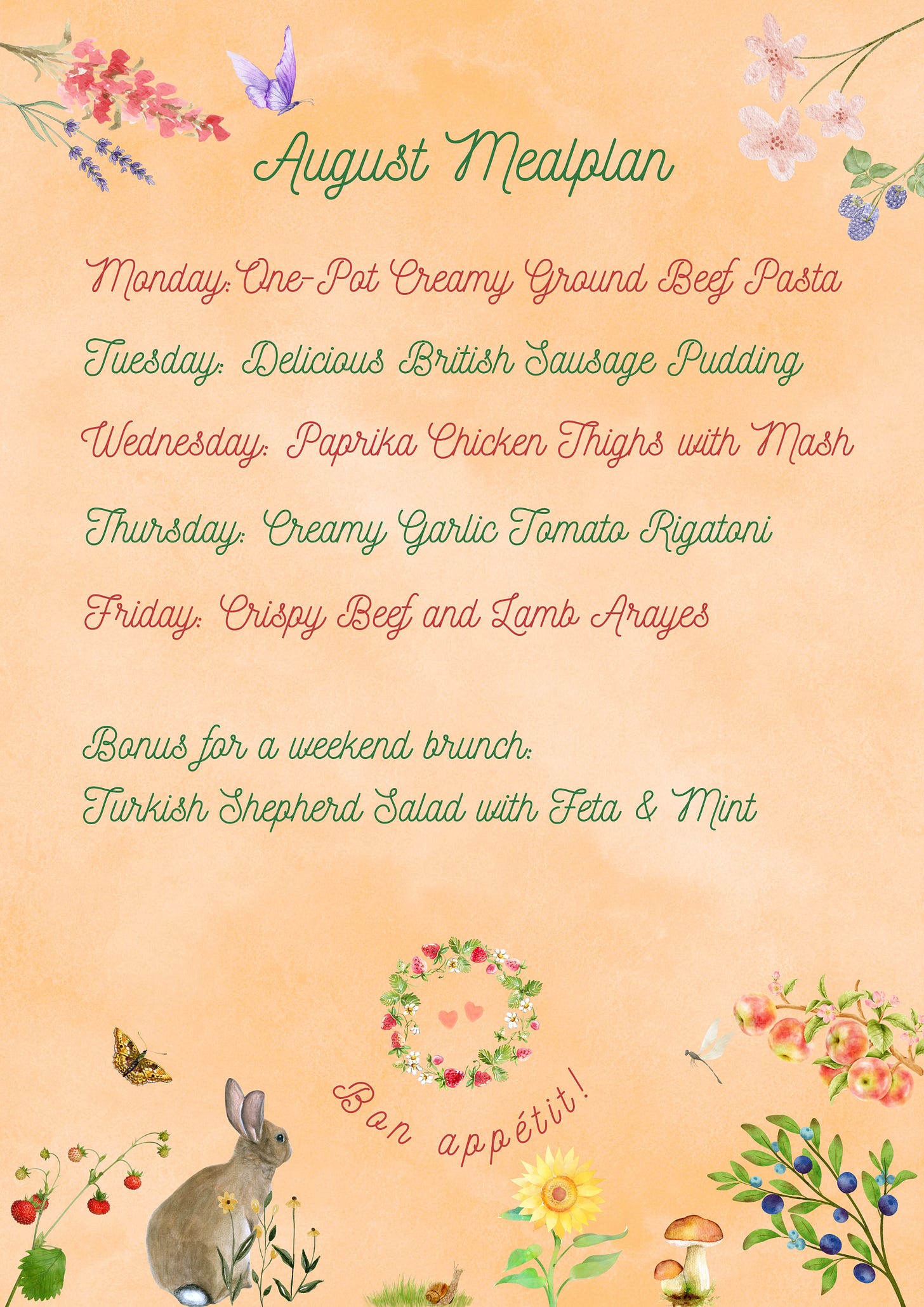 August weekly meal plan with five dinners