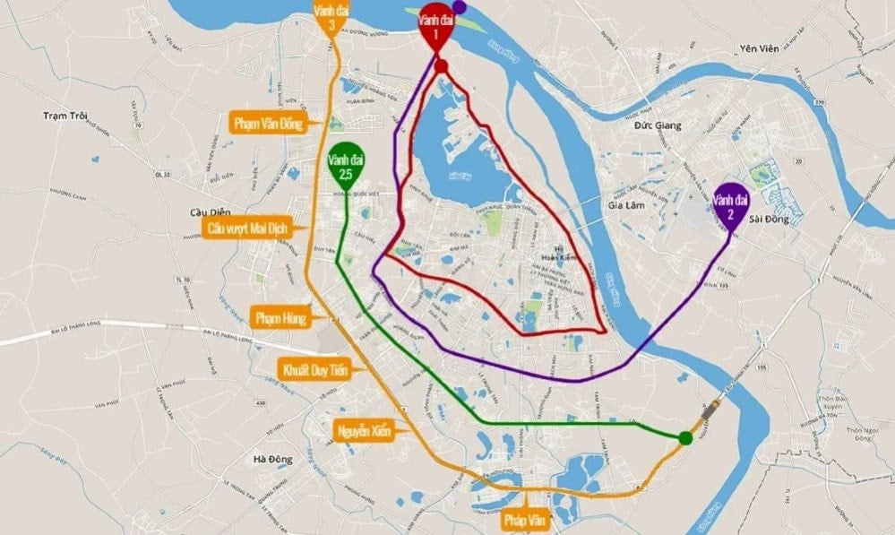 지도에 빨간색으로 표시된 고속도로 둘러싸인 곳이 첫 금지가 시작되는 도심구역. 이후 보라색(제 2 고속도로), 초록색, 노란색 구역으로 확대. Source: Vietnam.vn 지도에 빨간색으로 표시된 고속도로 둘러싸인 곳이 첫 금지가 시작되는 도심구역. 이후 보라색(제 2 고속도로), 초록색, 노란색 구역으로 확대. Source: Vietnam.vn