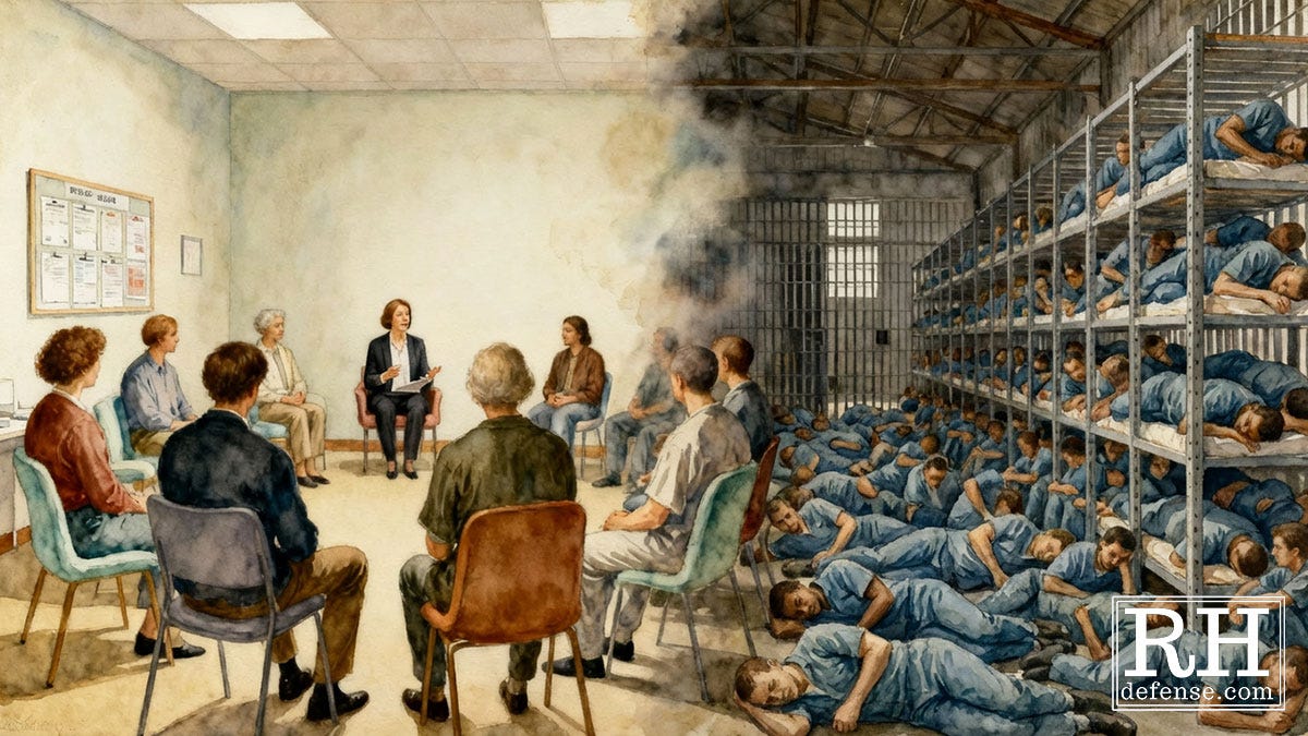 A split-scene illustration showing a mental-health therapy group on the left and an overcrowded jail dormitory on the right. The therapy side depicts people seated in a circle with a clinician leading the session. The jail side shows rows of prisoners packed onto metal bunks and sleeping on the floor. The two scenes blend in the middle, contrasting treatment with warehousing.