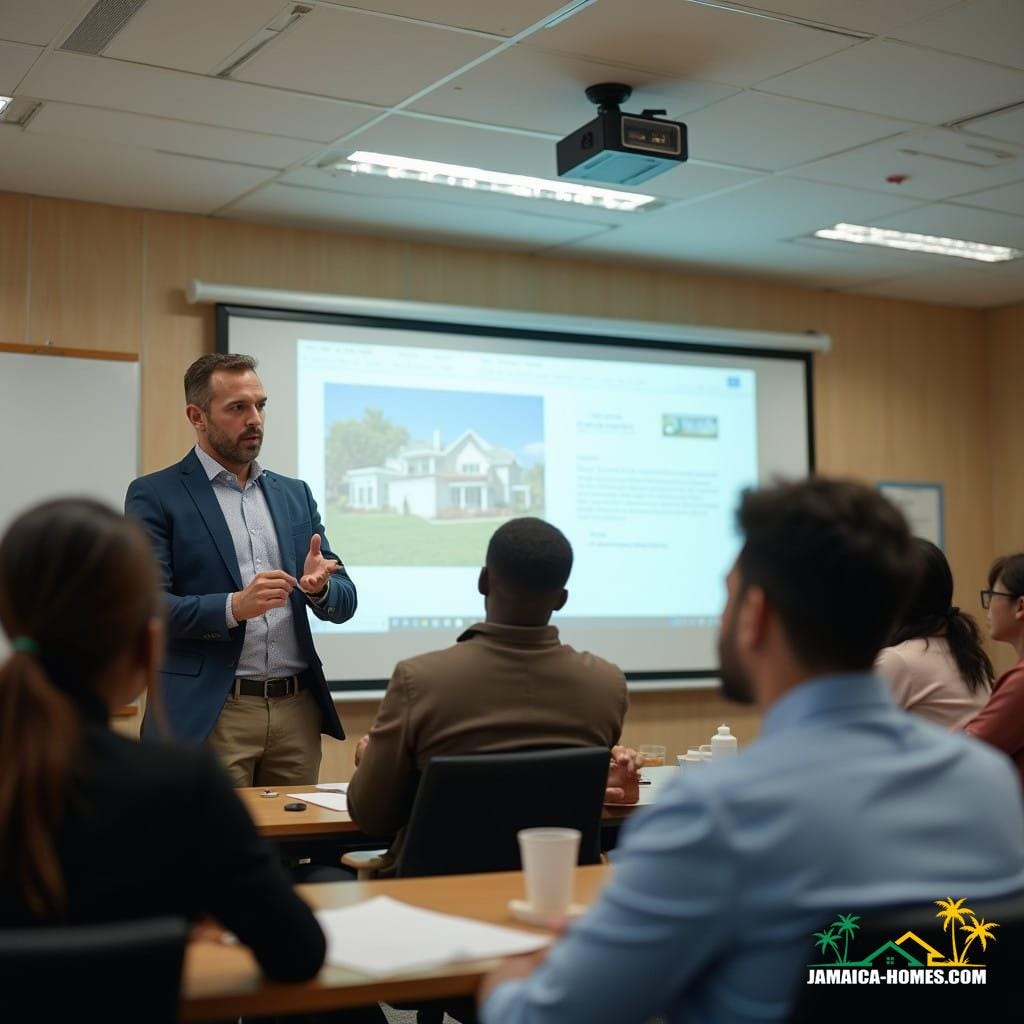 professional black real estate agent giving lecture in jamaica caribbean