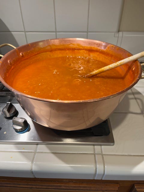 Copper jam pot filled with apricots and strawberries
