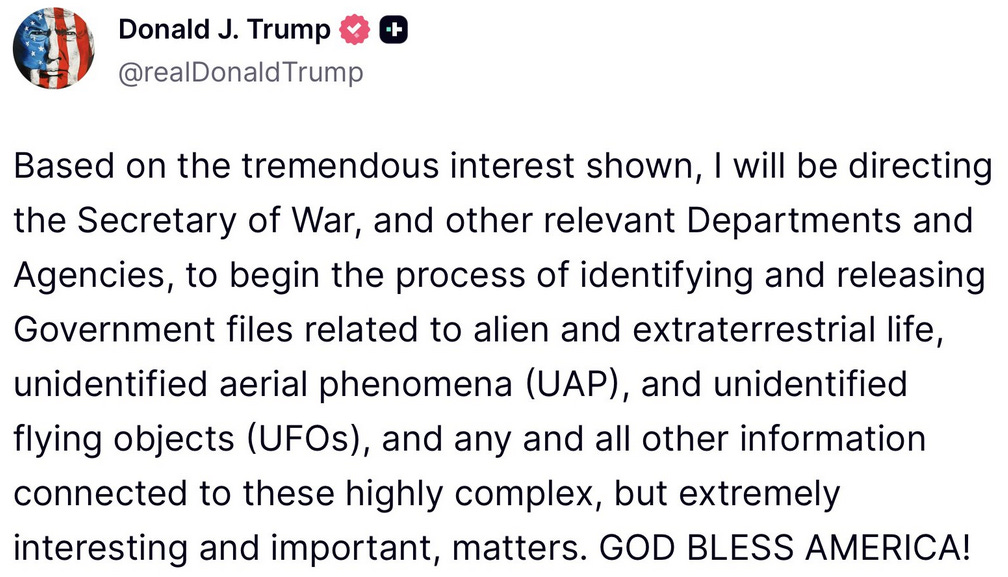 Screenshot of President Donald Trump's UFO disclosure message on social media February 19, 2026 
