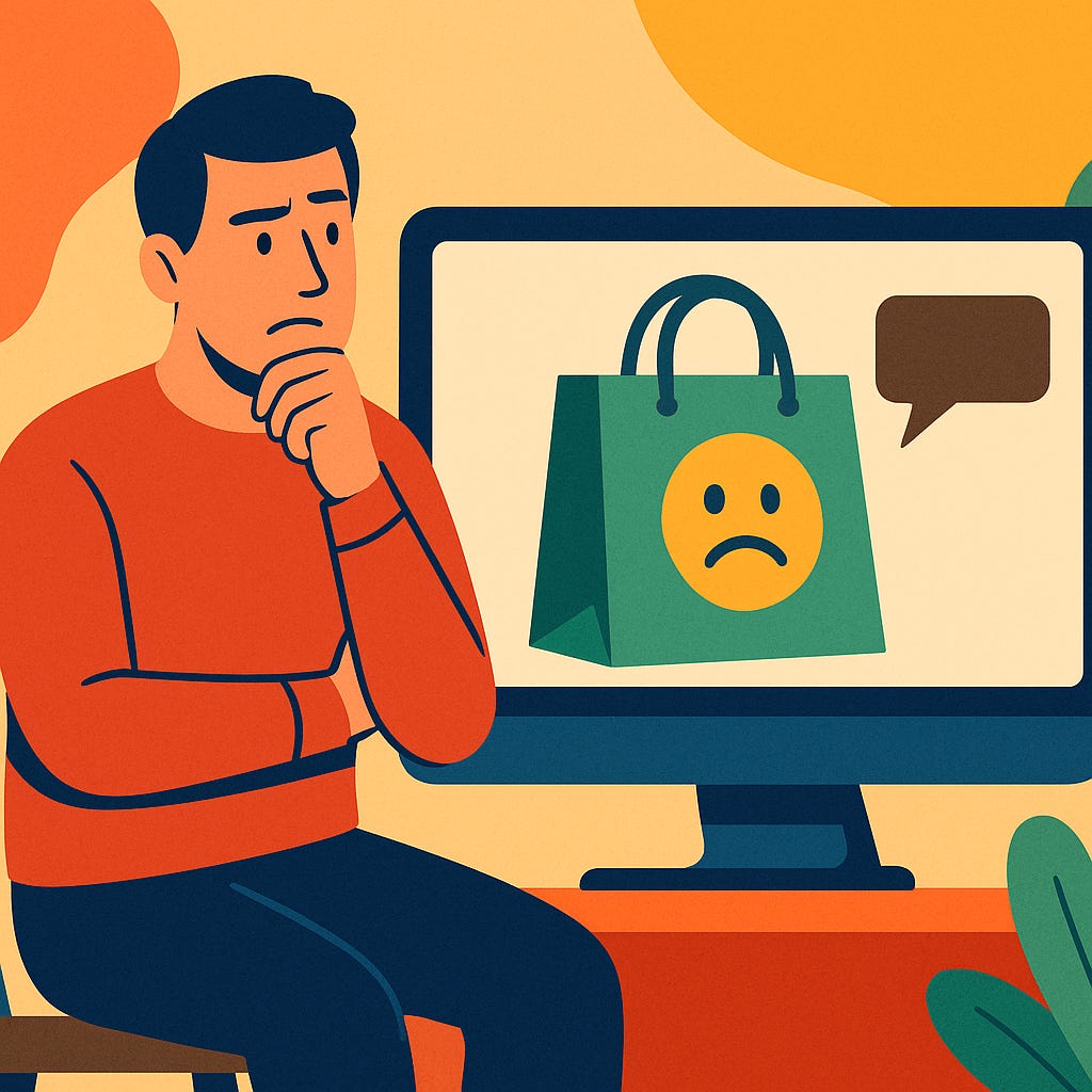 Man thinking in front of a computer showing a sad shopping bag icon