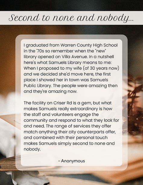 Gallery of photos that include patron, community member, and visitor testimonials on what Samuels Library means to them