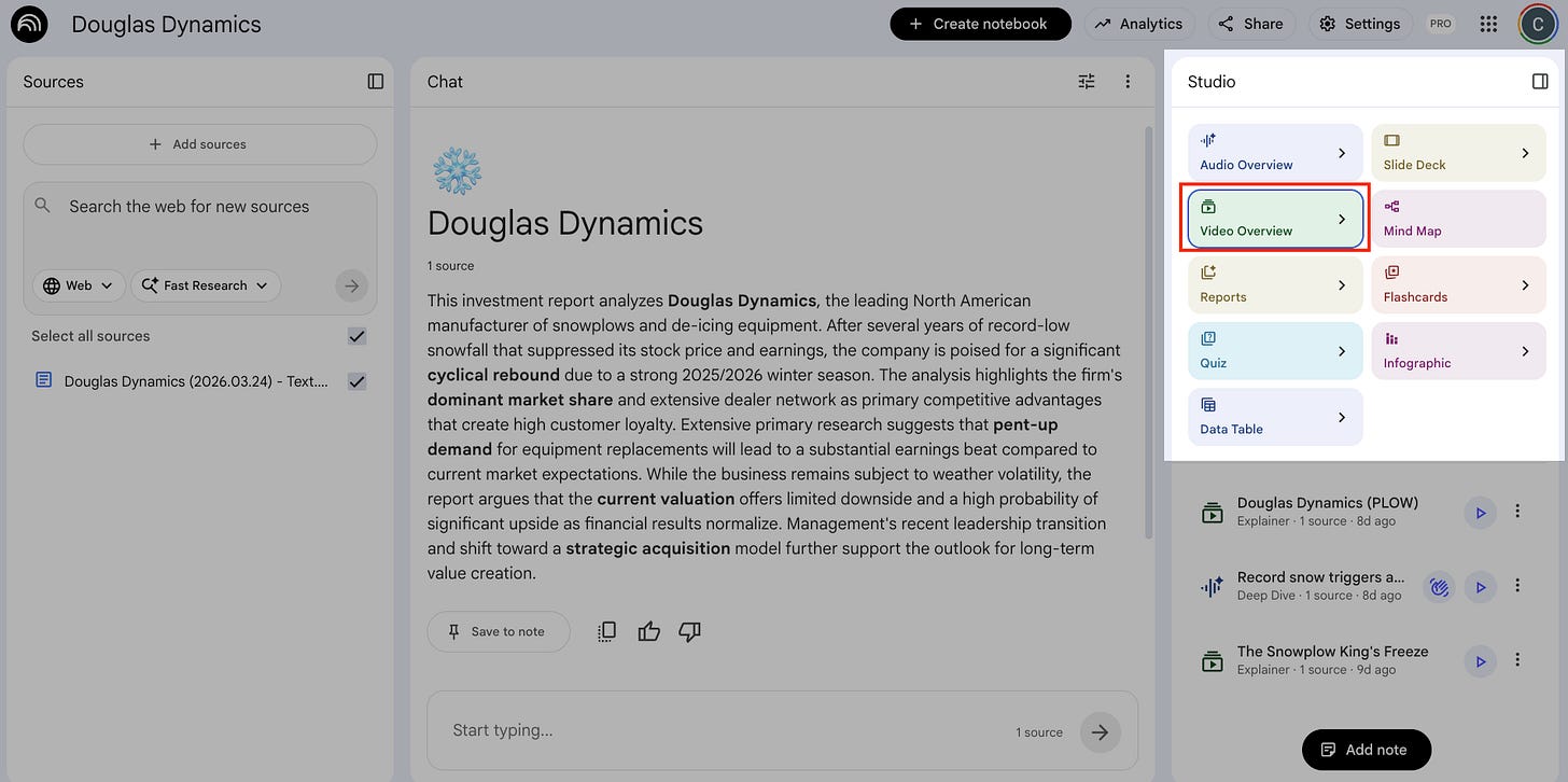 NotebookLM and Gemini analyzing a research report on Douglas Dynamics (PLOW)