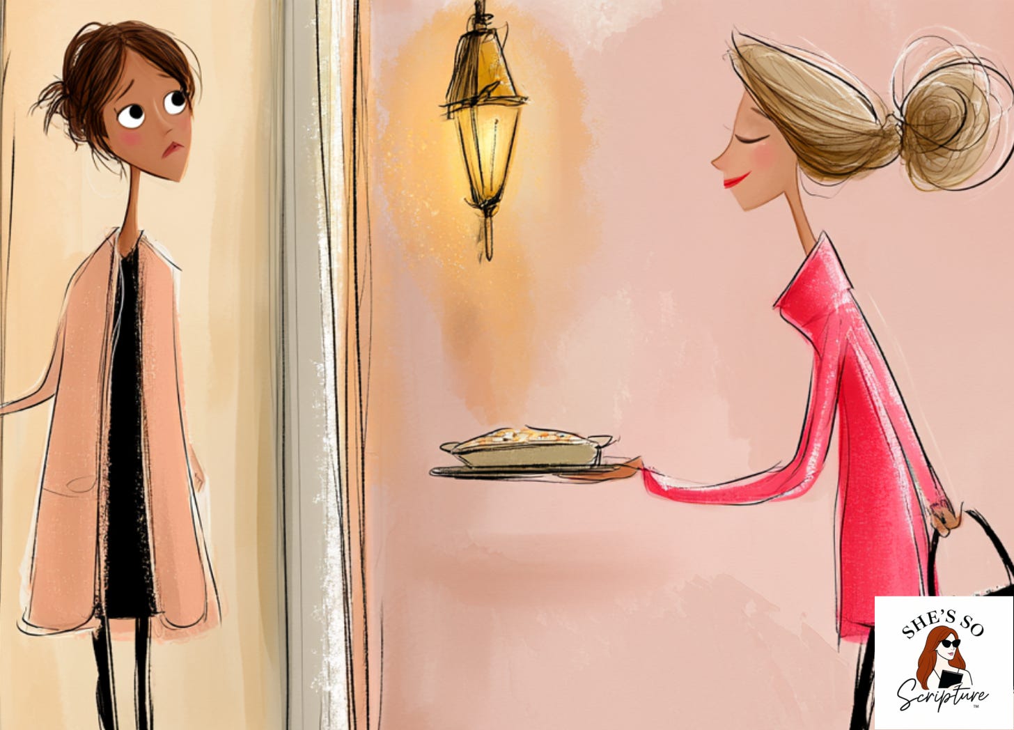 A woman standing in an open doorway with a quiet grief in her expression, another woman on the doorstep holding out a casserole dish toward her A woman standing in an open doorway with a quiet grief in her expression, another woman on the doorstep holding out a casserole dish toward her