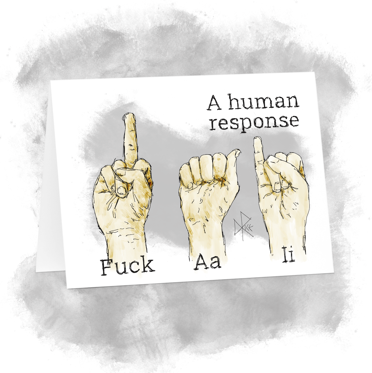 Three hands gesturing as communication, first one flipping the bird and the next two as ASL for the letters A and I - indicating ‘Fuck AI’. Sketch art by Don Rice. Three hands gesturing as communication, first one flipping the bird and the next two as ASL for the letters A and I - indicating ‘Fuck AI’. Sketch art by Don Rice.