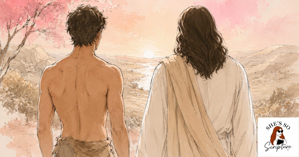 An illustrated image of Adam and Jesus standing side by side but shown from behind, standing looking at the sun setting over a lush landscape